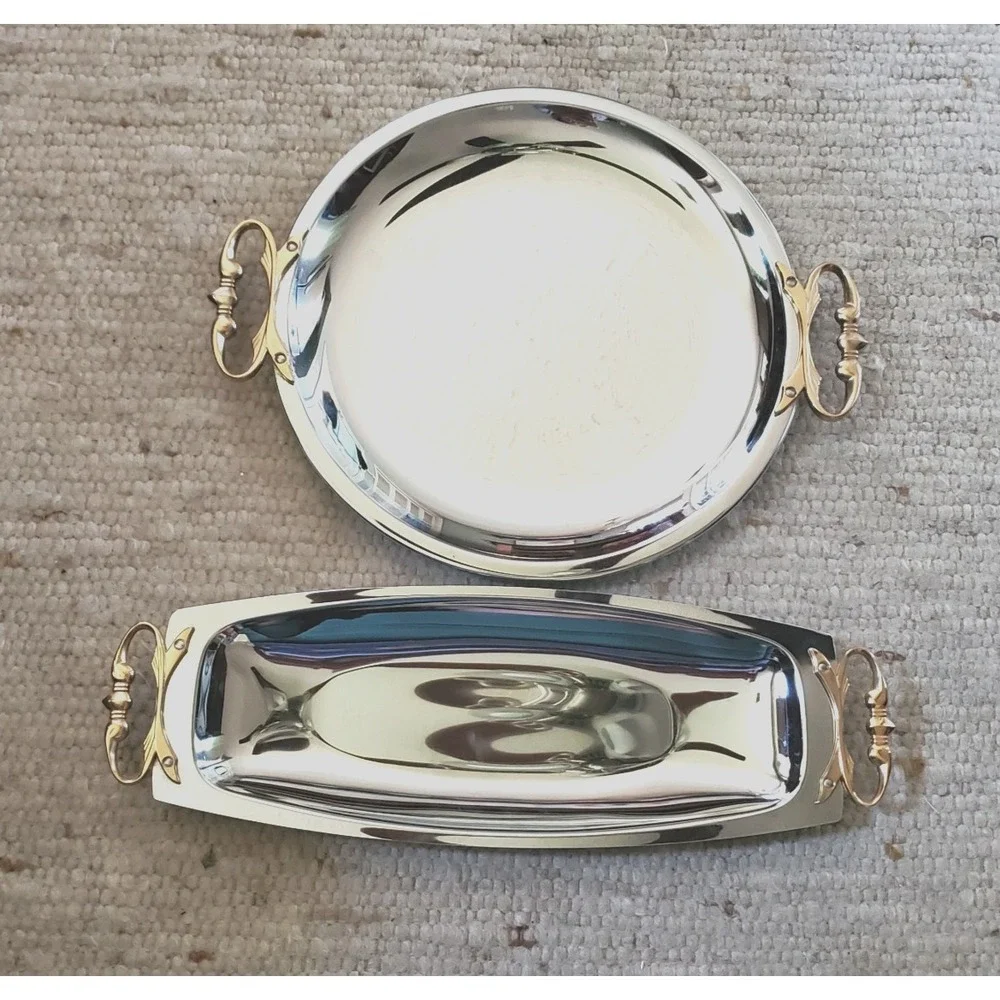 2 VTG Kromex Chrome Serving Trays Gold Handles‎ Mid Century Modern Round Oblong